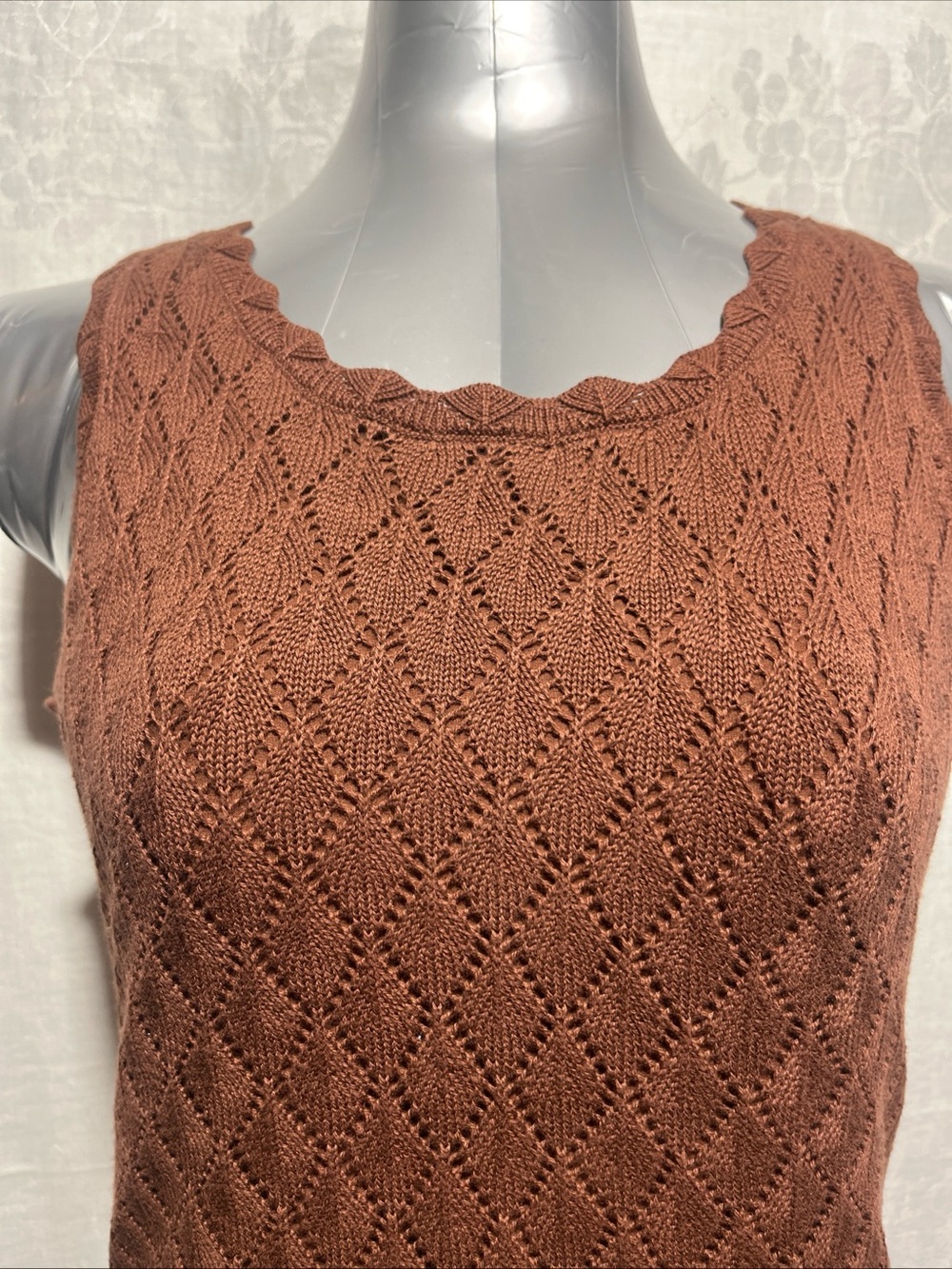 Crochet Maxi Dress Chocolate Brown Pointelle Open Knit Sleeveless Summer 1045
